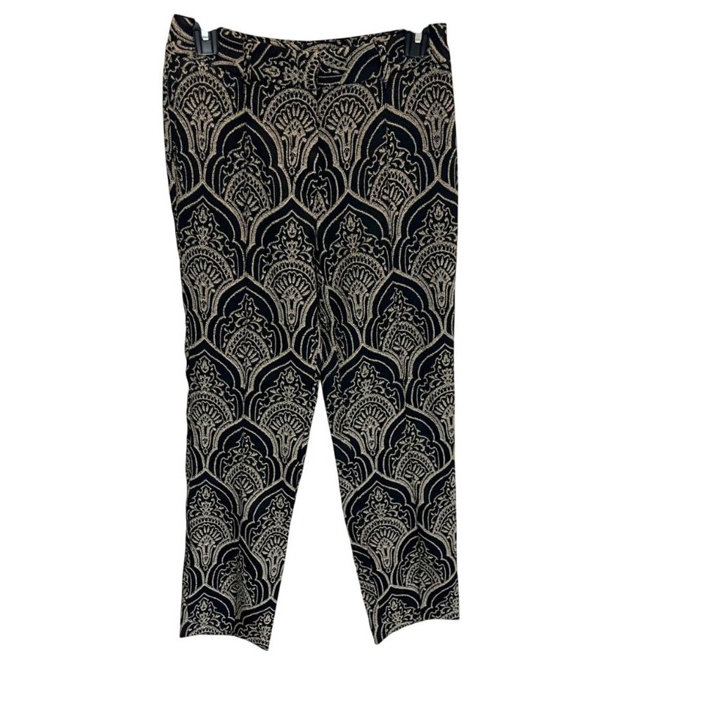 J. McLaughlin Grier Black‎ & Gold Embroidered Jacquard Pants Slit Hem - Size 0